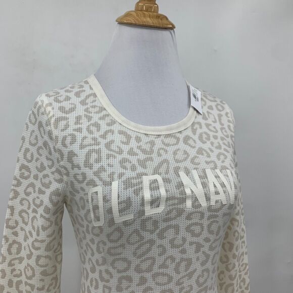 Old Navy Thermal Shirt Women XS Cream Leopard Print Waffle Knit Cuff Long Sleeve - Picture 3 of 15